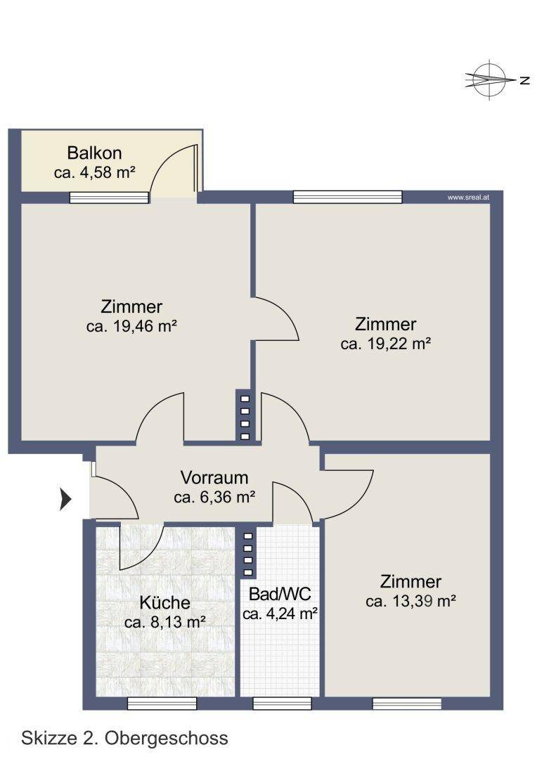 Grundriss des Obergeschosses mit drei Zimmern, Küche, Bad/WC und Balkon.