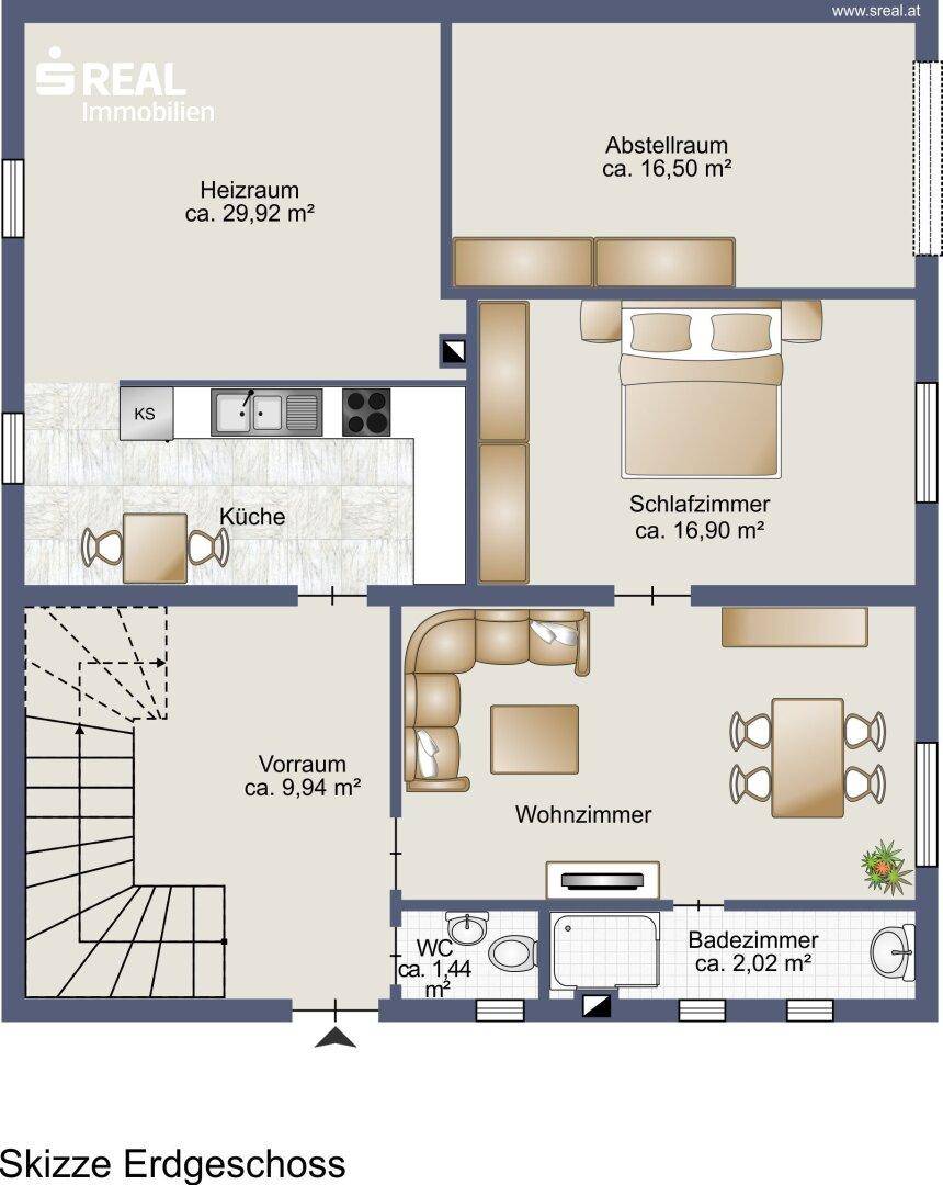 Grundriss des Erdgeschosses mit Küche, Wohnzimmer, Schlafzimmer, Bad und separatem WC.