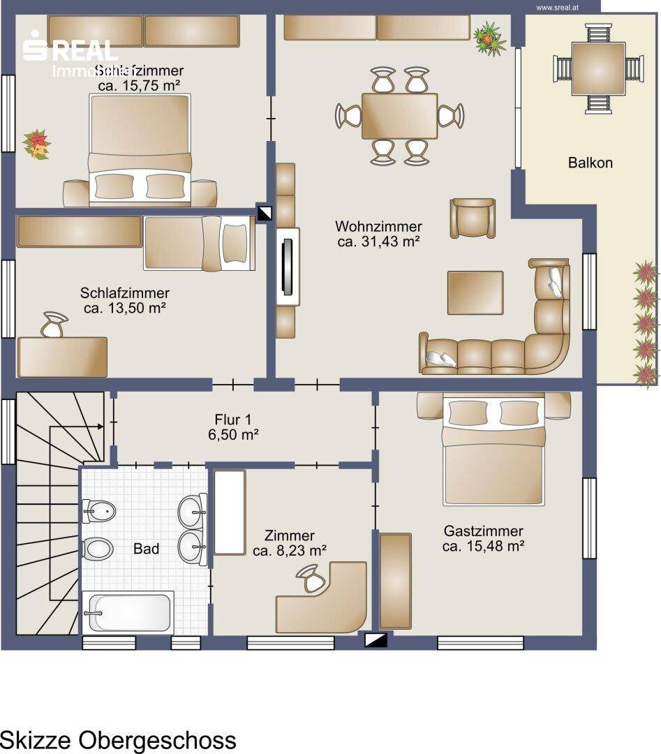 Grundriss des Obergeschosses mit mehreren Schlafzimmern, Wohnzimmer, Bad und Balkon.