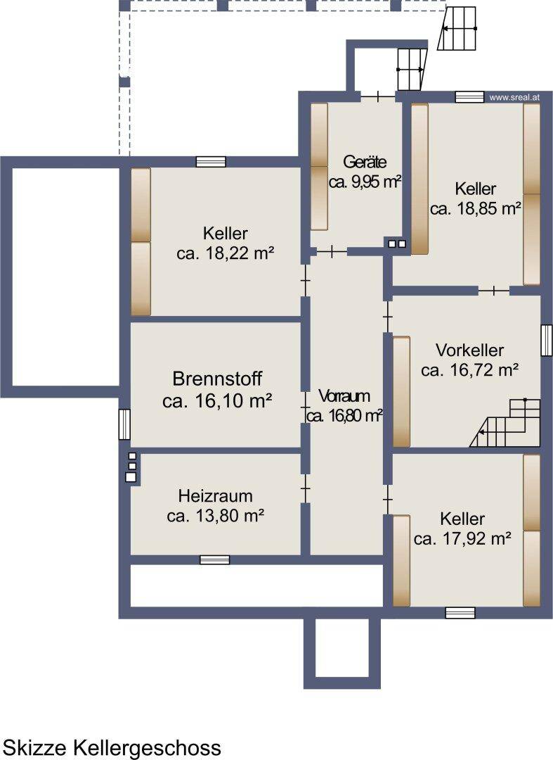 Grundriss des Kellergeschosses mit Heizraum, Lagerräumen und Vorraum.