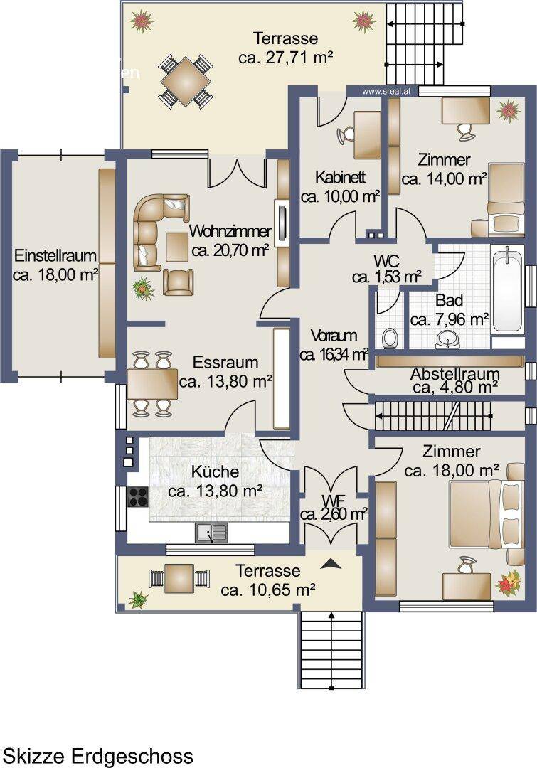 Grundriss des Erdgeschosses mit Wohnzimmer, Küche, Esszimmer und zwei Terrassen.