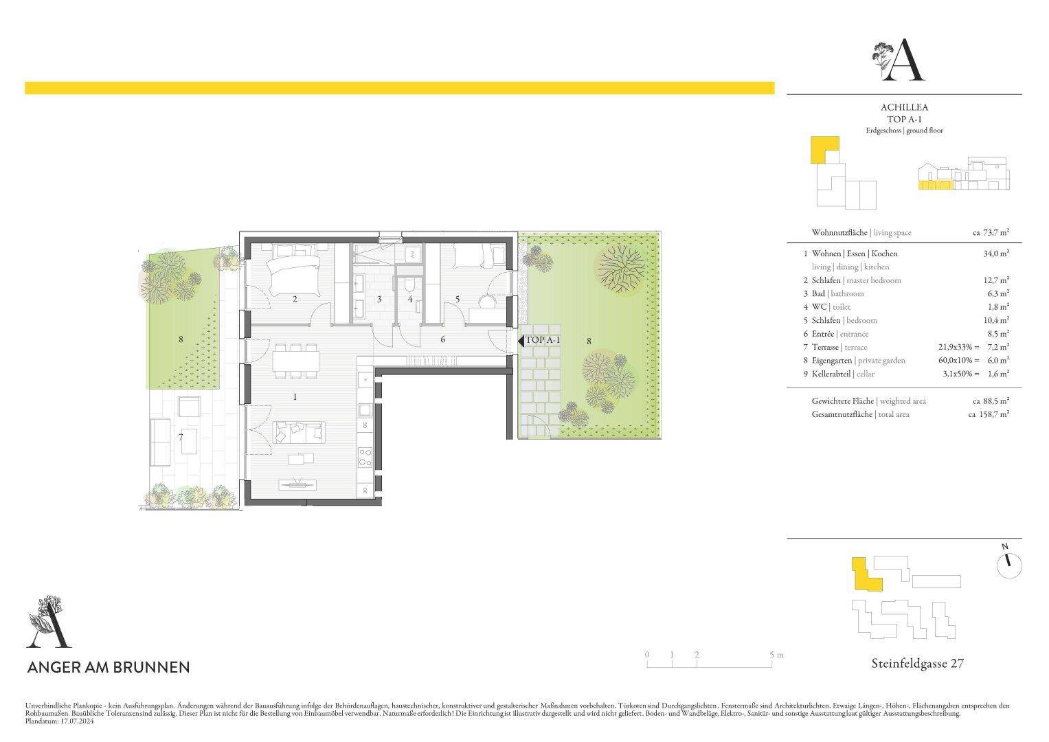 Grundriss der Wohnung TOP A.1 mit Wohn-Essbereich, Schlafzimmern und Terrasse.
