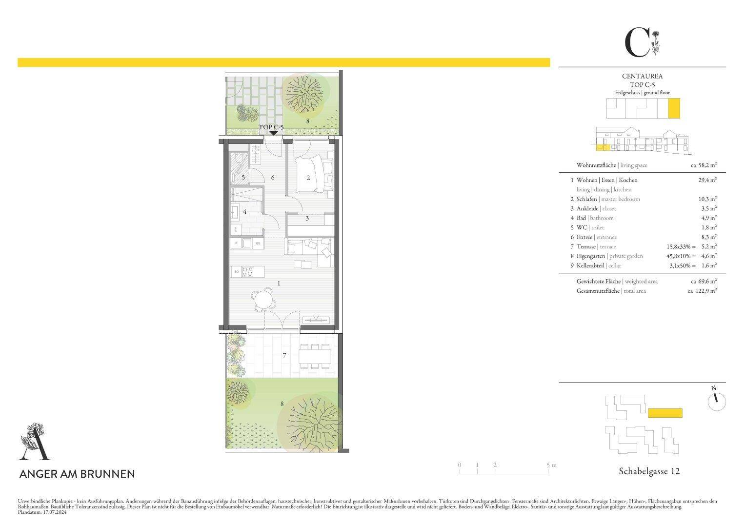 Grundriss für Top C3 mit offenem Wohnbereich, Schlafzimmer, Bad und privater Terrasse.