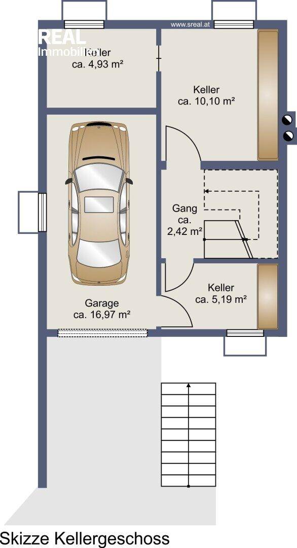 Grundriss des Kellergeschosses mit einer Garage, mehreren Kellerabteilen und einer Zugangstreppe.