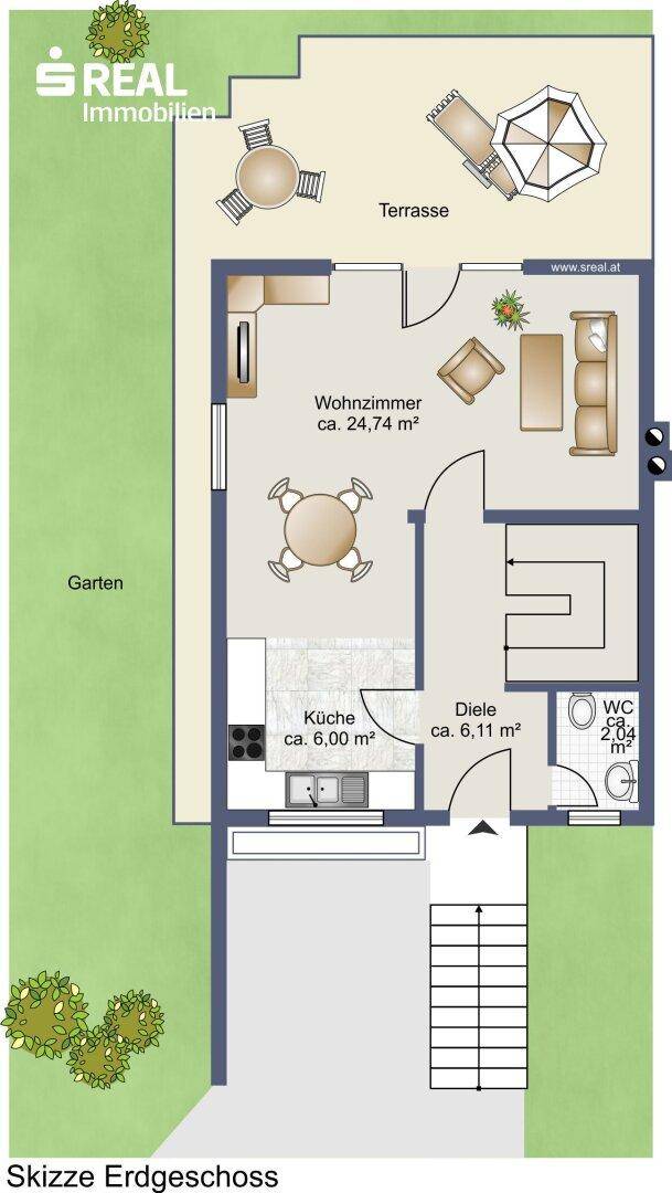 Grundriss des Erdgeschosses mit Wohnzimmer, Küche, Terrasse und direktem Zugang zum Gartenbereich.