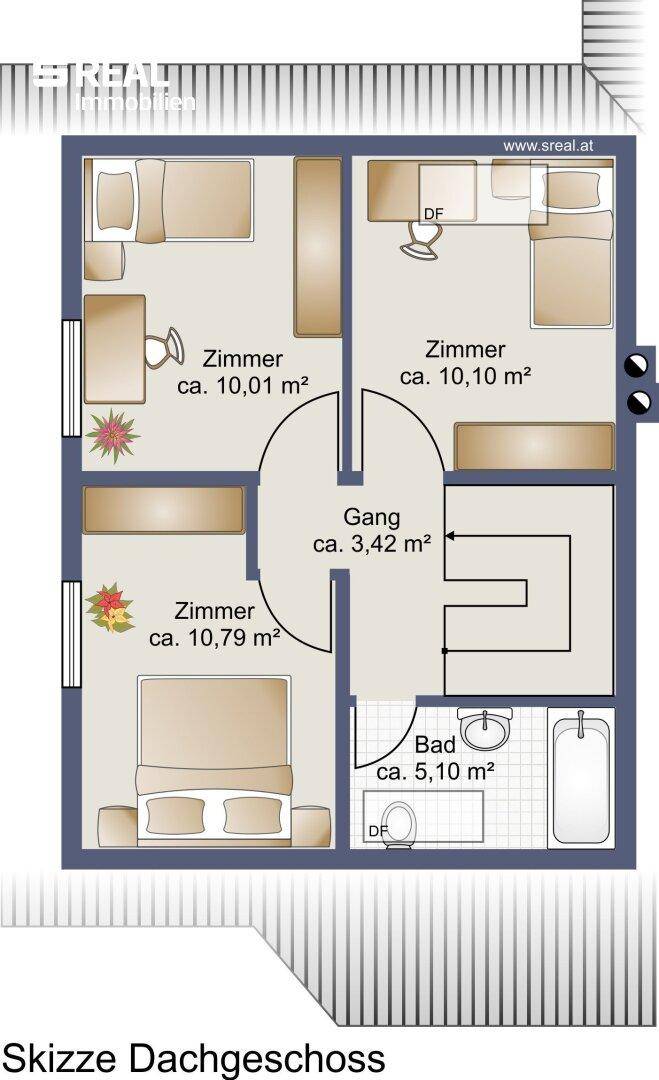 Grundriss des Dachgeschosses mit drei Zimmern, einem Badezimmer und einem zentralen Gangbereich.
