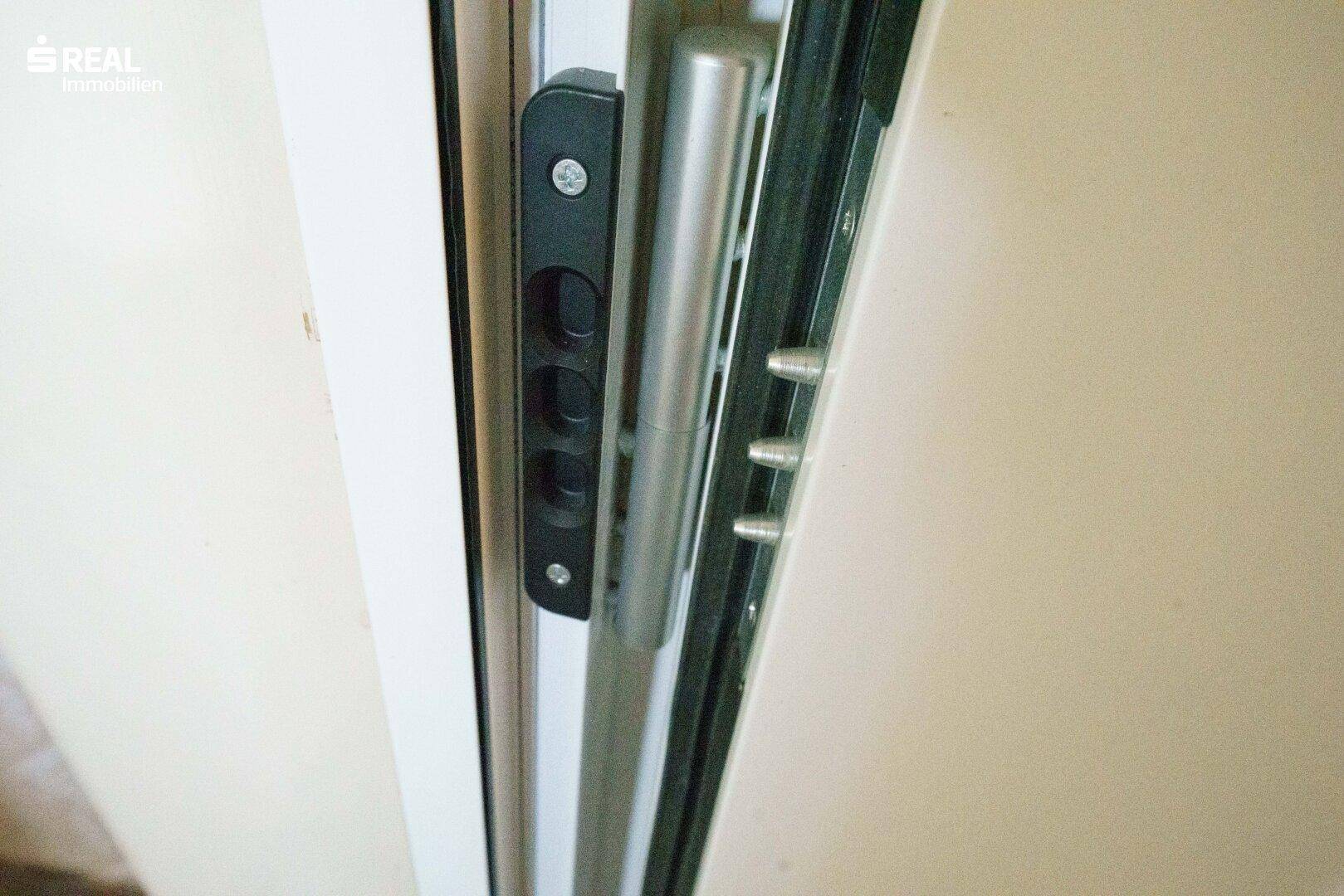 Nahaufnahme einer modernen Eingangstür mit Mehrfachverriegelung und Metallgriff.