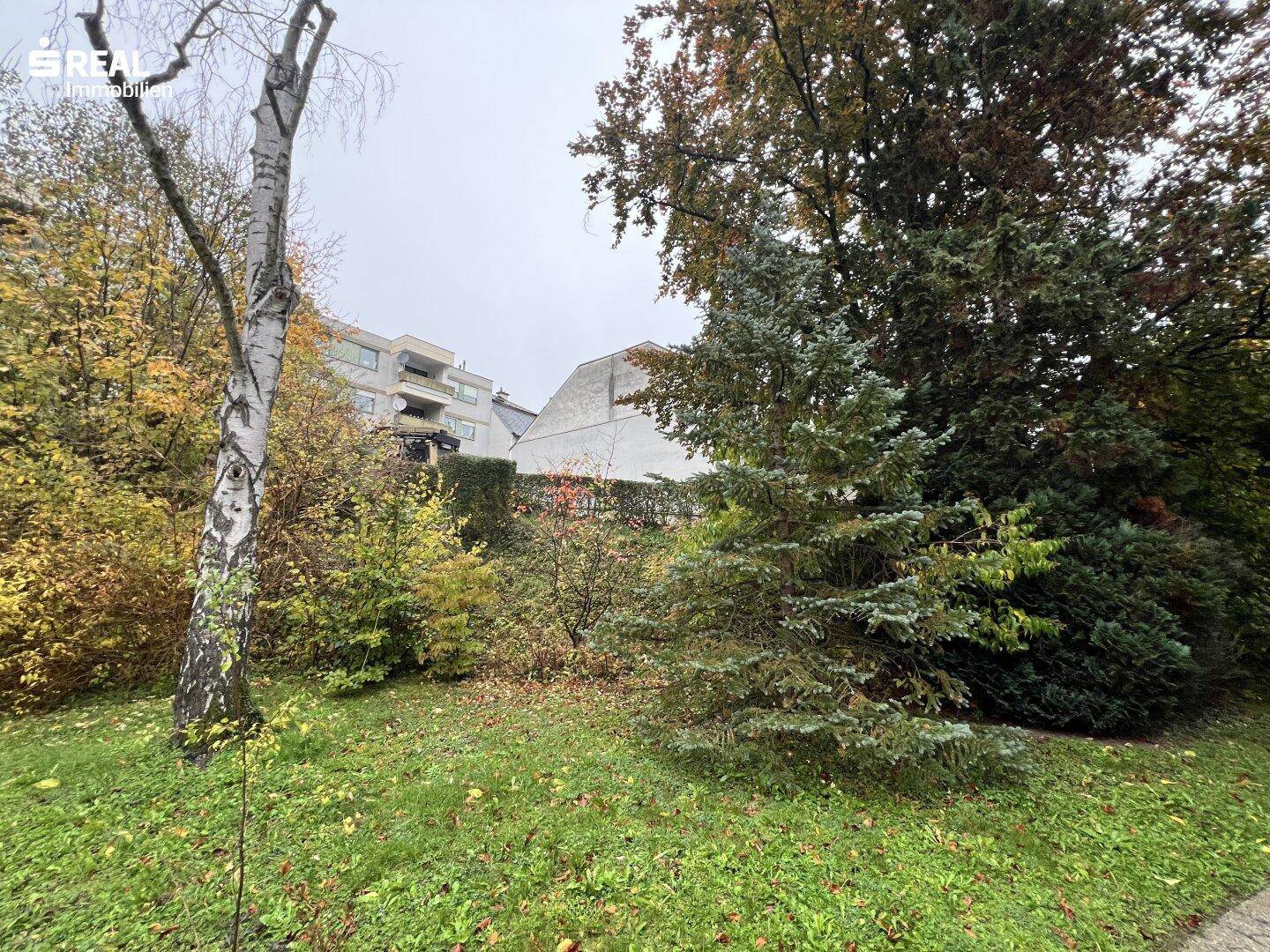 Grüne Umgebung mit Bäumen und Blick auf weitere Gebäude im Hintergrund.