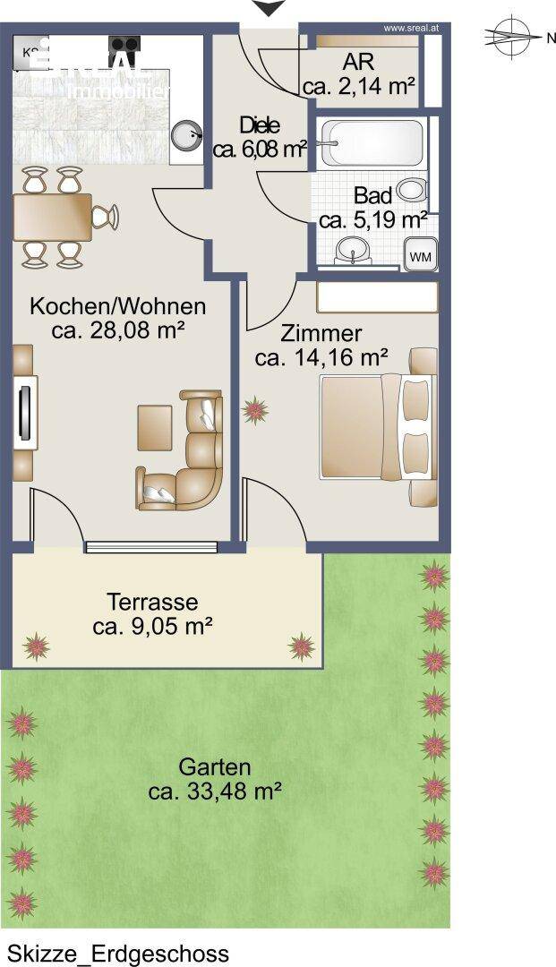 Grundriss des Erdgeschosses mit Terrasse, Garten und offenem Wohnbereich.