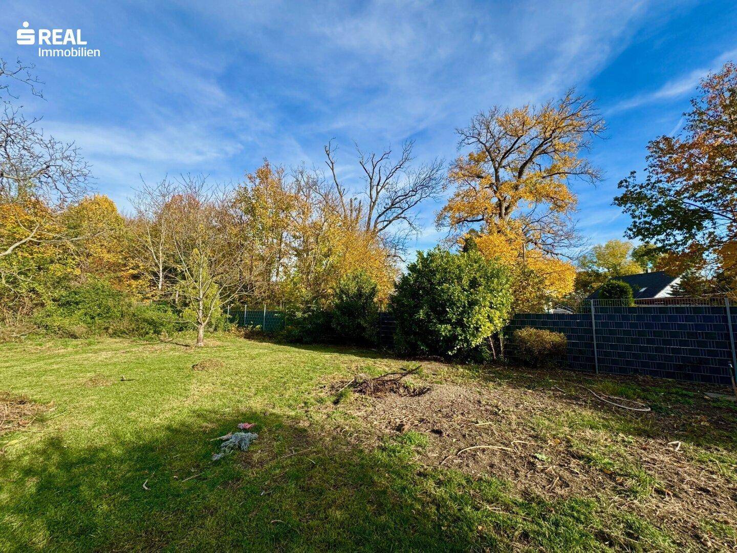 Offener Gartenbereich mit Rasen und Bäumen, umgeben von einem Zaun.