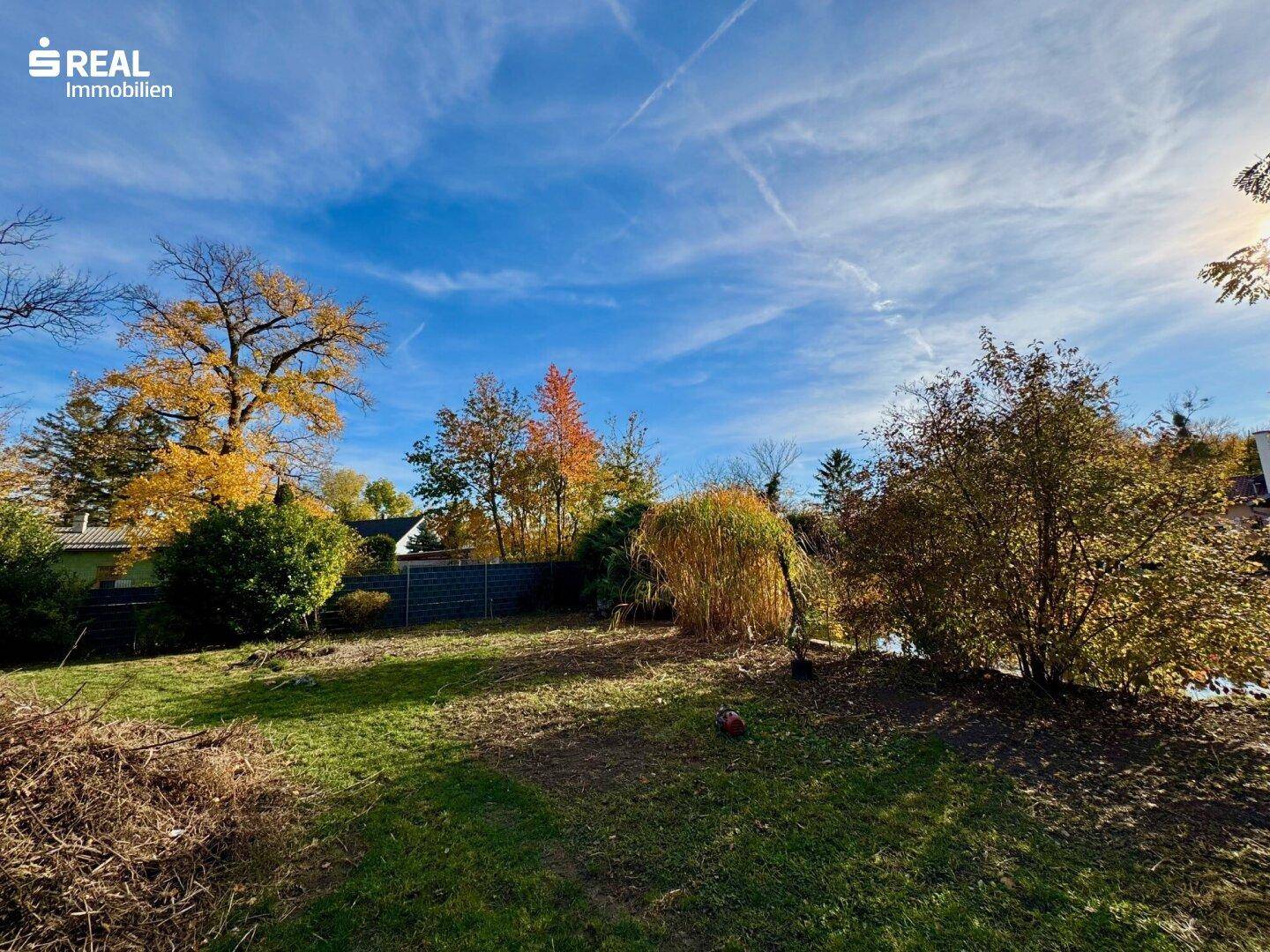 Weitläufiger Garten mit herbstlicher Vegetation und sonnigem Wetter.