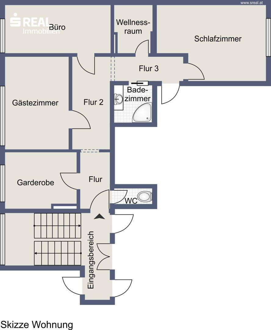 Grundriss der Wohnung mit Schlafzimmer, Gästezimmer, Büro und Wellnessraum.