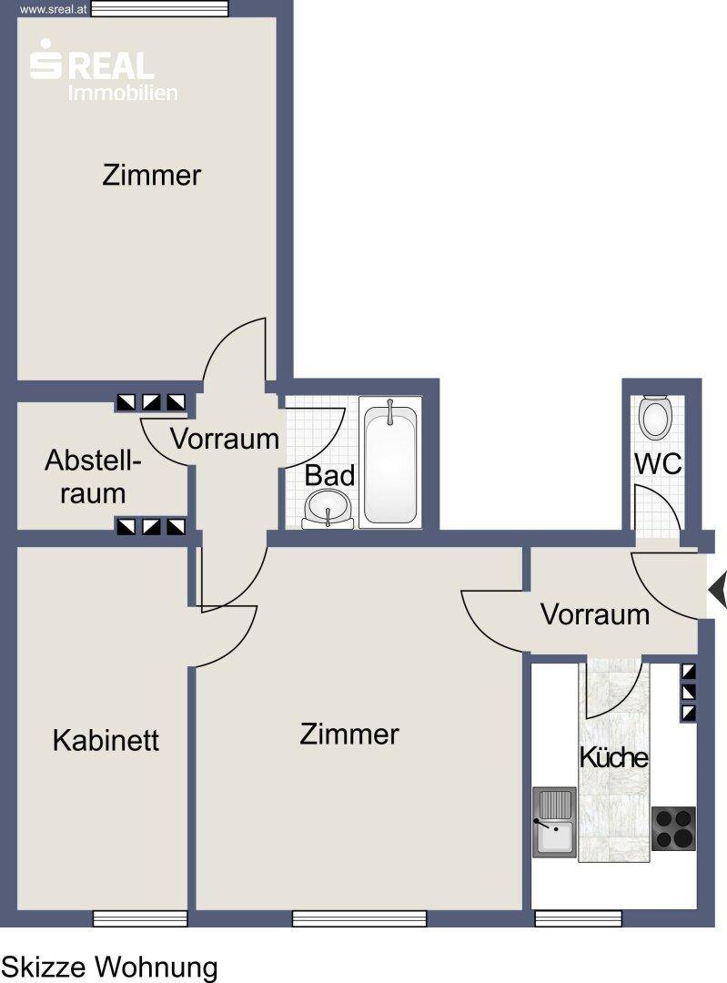 Grundriss der Wohnung mit Küche, Bad, Abstellraum und weiteren Zimmern.