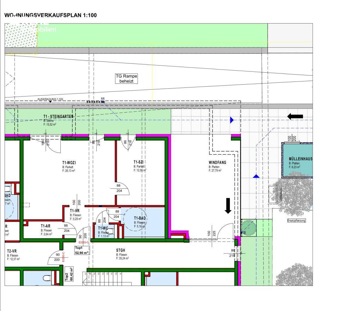 Grundrissplan einer Erdgeschosswohnung mit Gartenanteil und Tiefgaragenrampe.