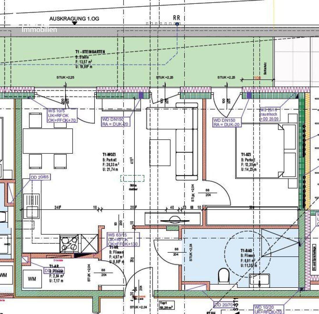 Detaillierter Grundriss einer Wohneinheit mit offenem Wohnbereich und Gartenanteil.