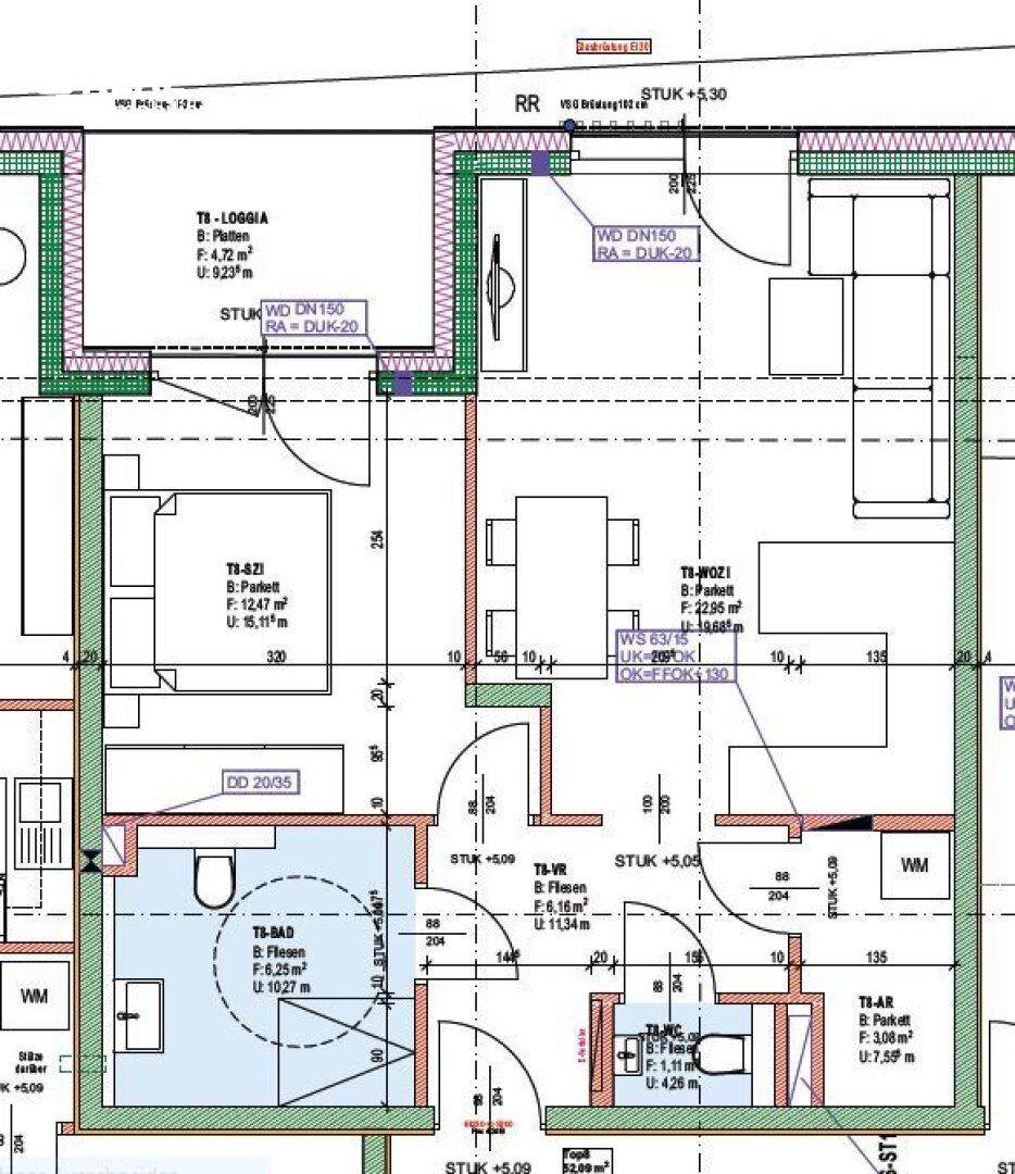 Detaillierter Grundriss einer Wohnung mit Loggia, Schlafzimmer, Wohnbereich und zwei Bädern.
