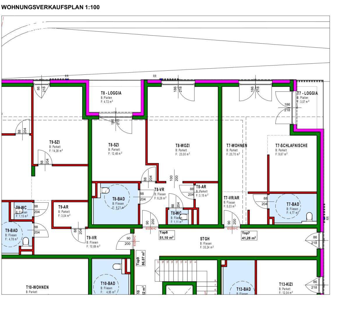 Wohnungsverkaufsplan mit mehreren Einheiten, jeweils mit Loggia und funktionaler Raumaufteilung.