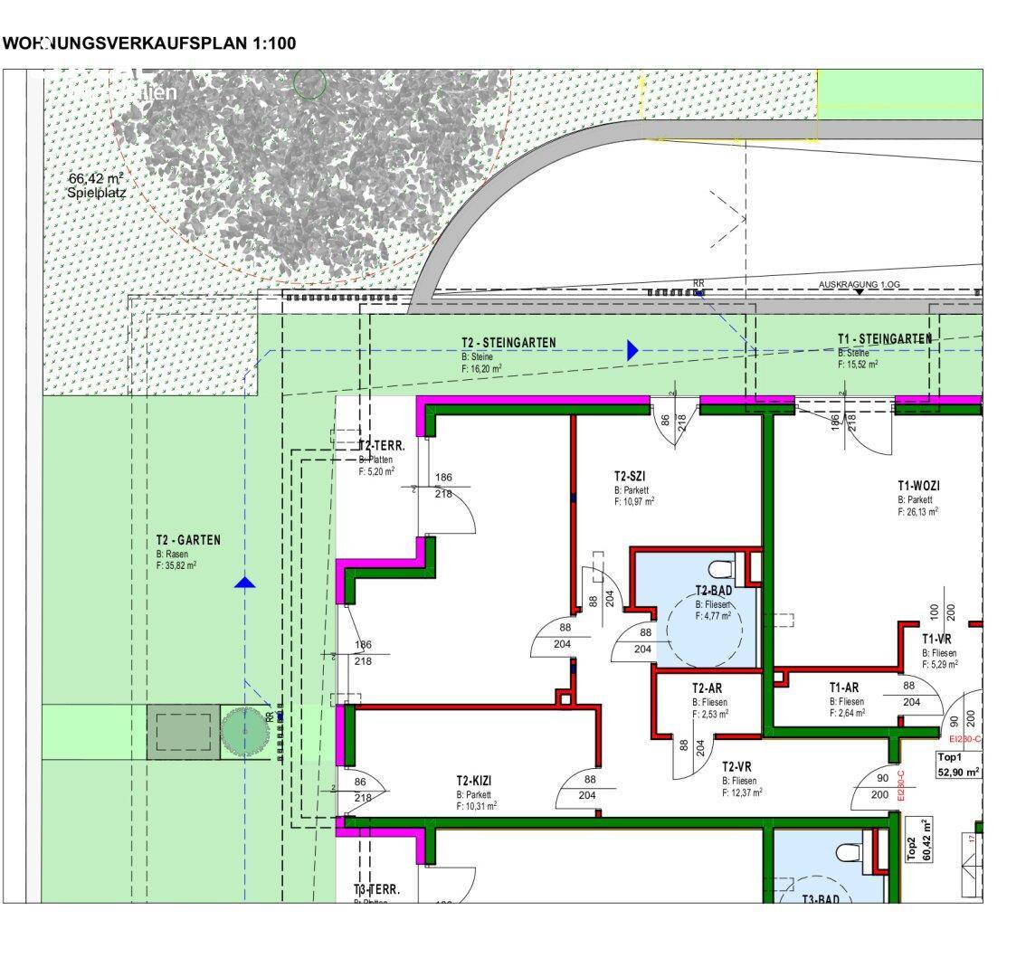 Wohnungsverkaufsplan mit Grundriss, Terrasse und Gartenbereich, inklusive Raumbezeichnungen.