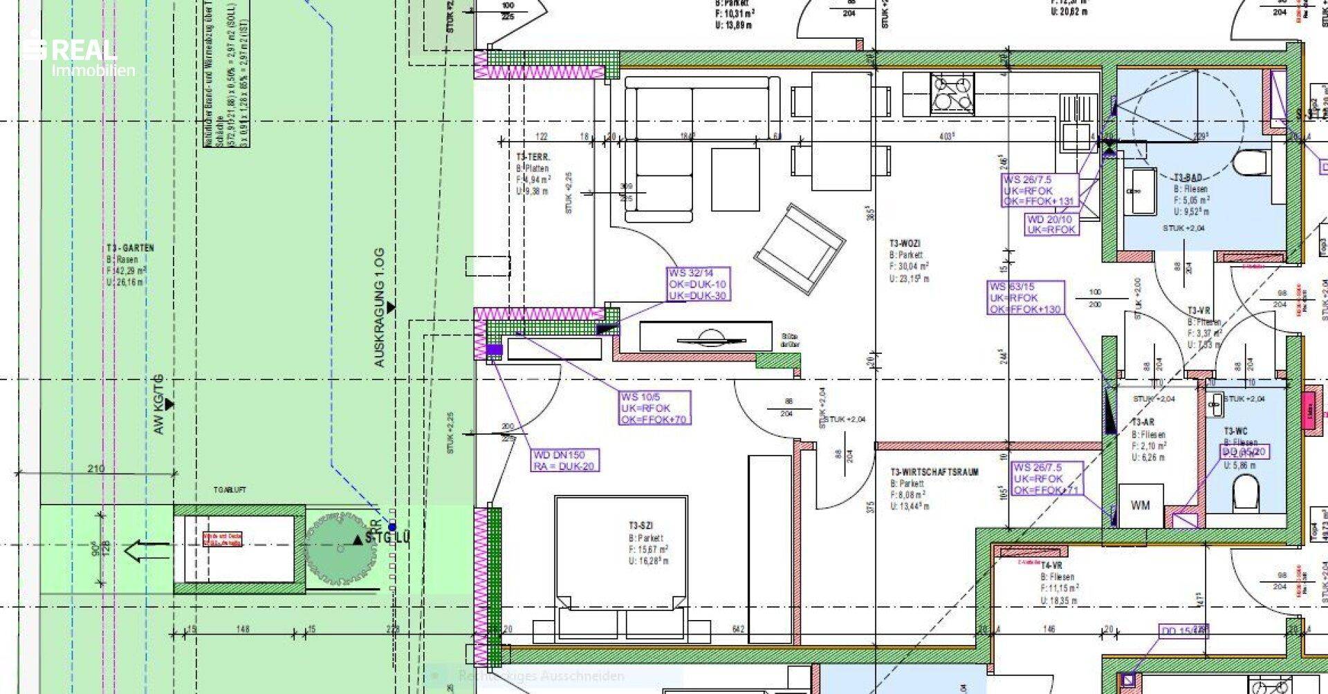 Detaillierter Grundriss einer Wohnung mit offenem Wohnbereich, Schlafzimmern, Bädern und Garten.