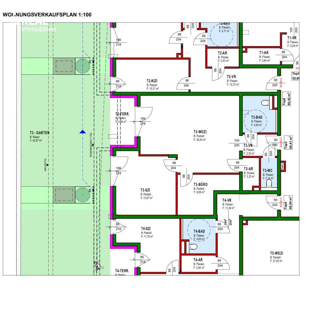 Übersichtlicher Grundriss einer Wohnung mit mehreren Zimmern, Bädern, Terrassen und Gartenbereichen.