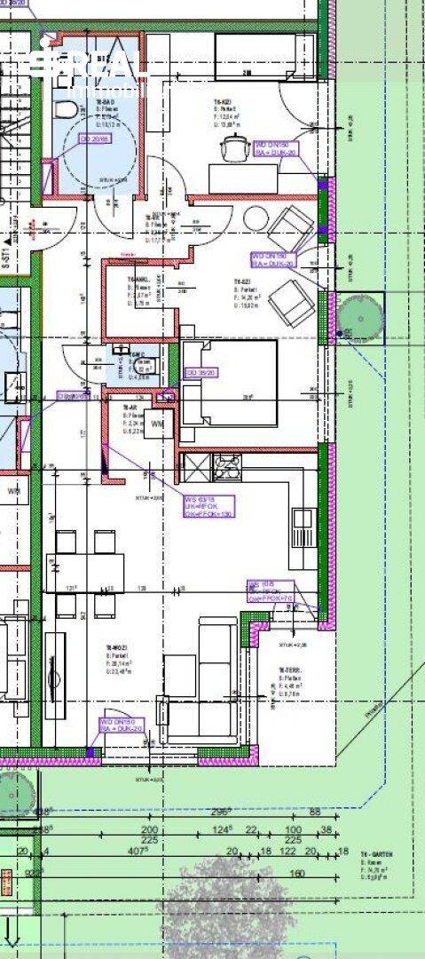 Detaillierter Grundriss einer Wohneinheit mit mehreren Zimmern und Zugang zu Außenbereichen.