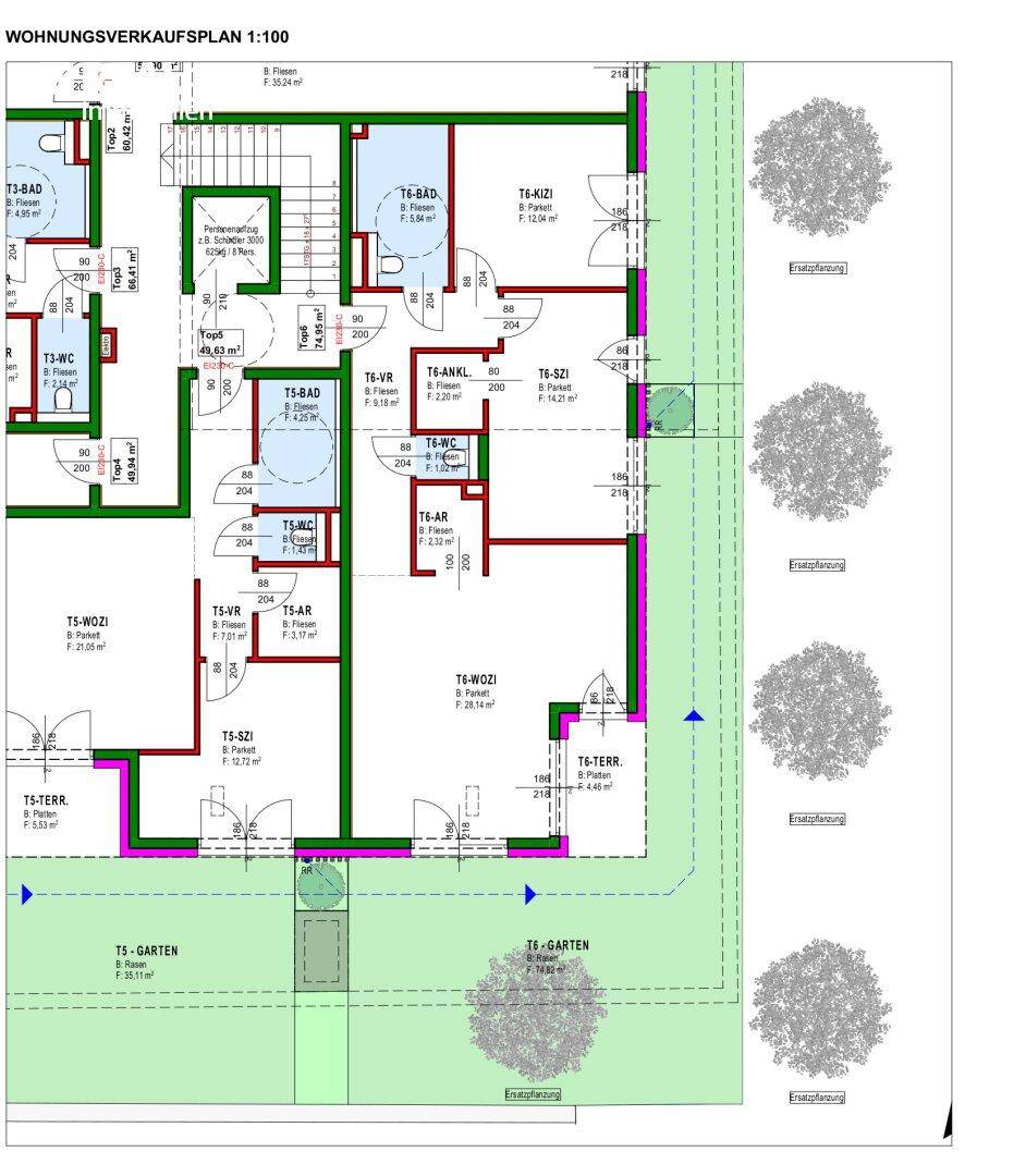 Übersichtlicher Wohnungsverkaufsplan mit Raumaufteilung, Bädern, Balkonen und Gartenflächen.