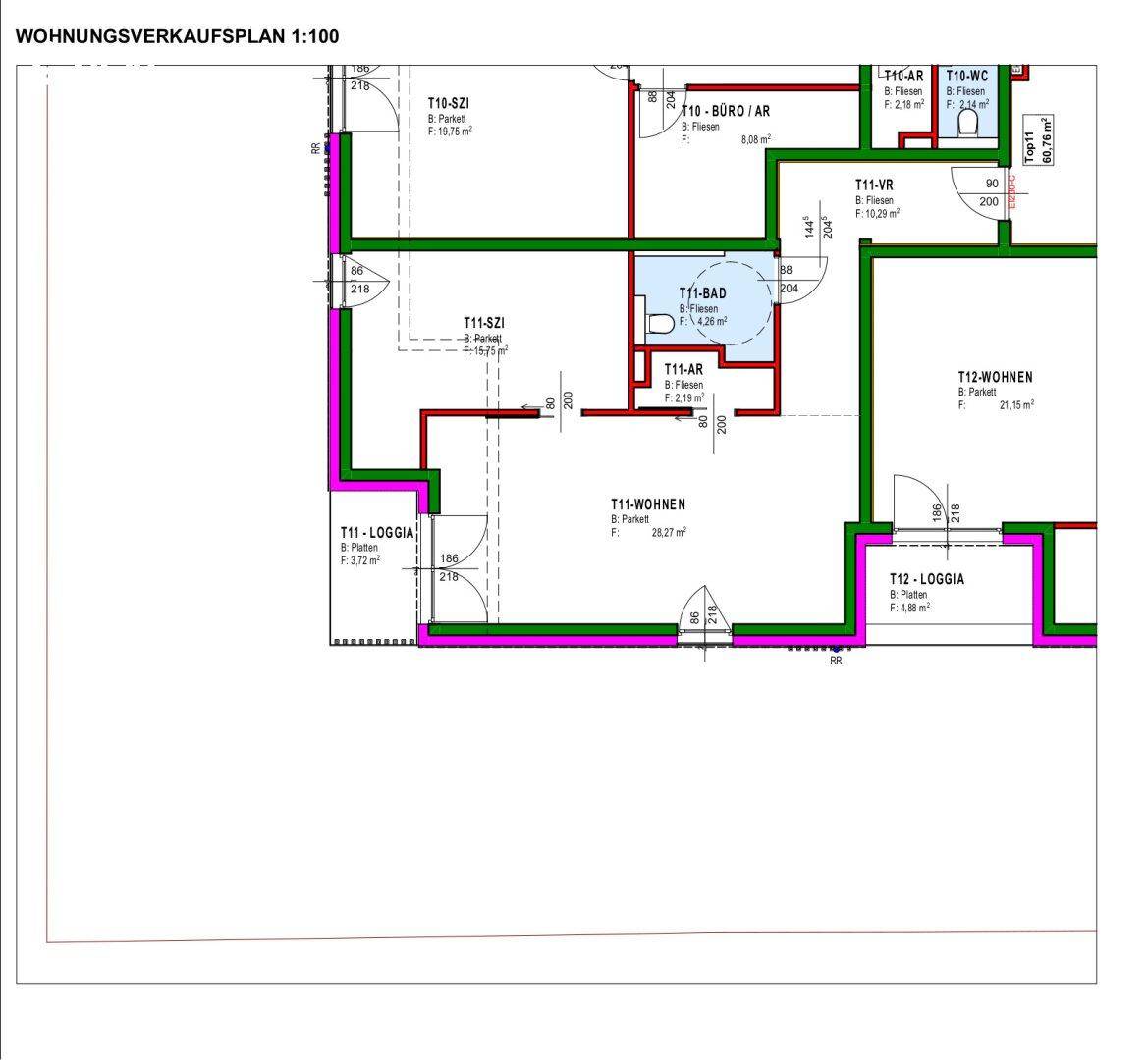 Grundriss einer Wohnung mit Schlafzimmern, Büro, Bad, separatem WC und zwei Loggien.