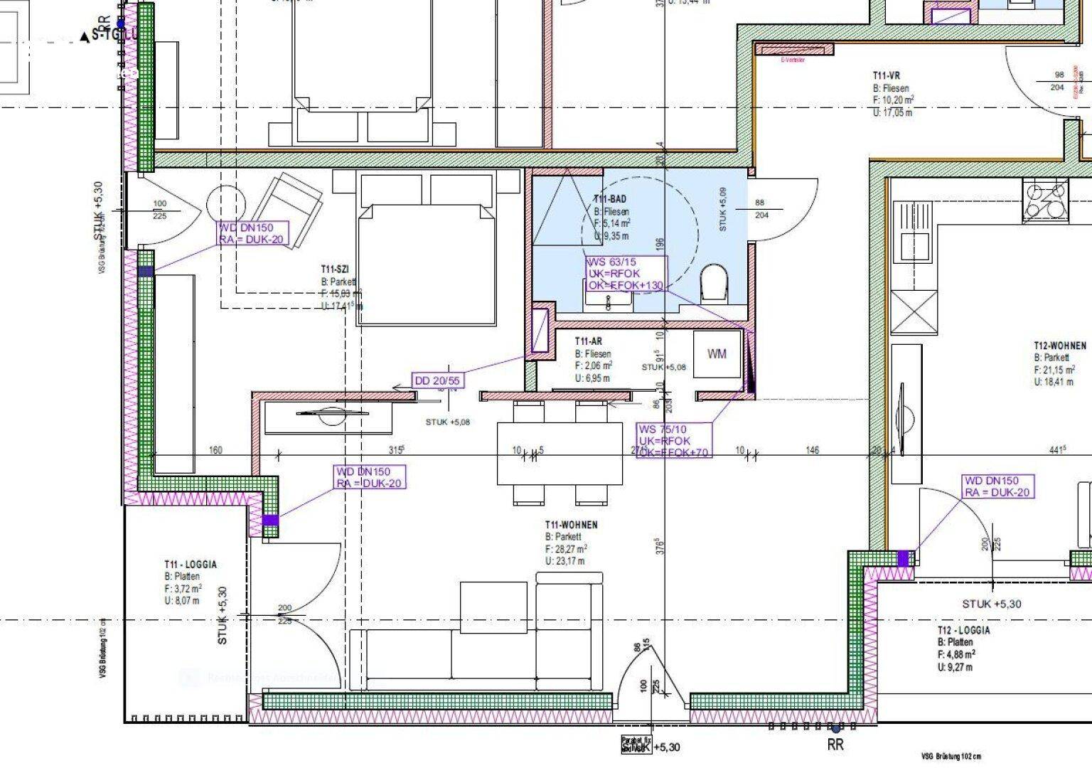 Grundriss einer Wohnung mit Schlafzimmer, Wohnbereich, Bad und Loggia.