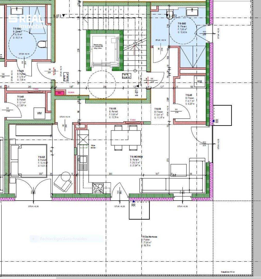 Detaillierter Grundriss zeigt eine effiziente Raumaufteilung mit offenem Wohnbereich und Balkon.