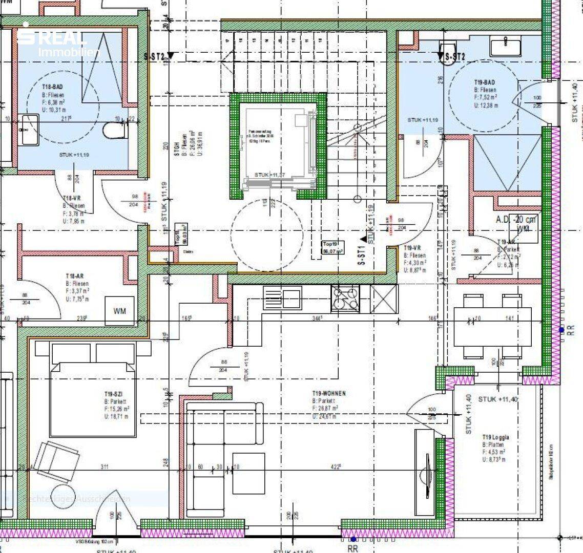 Detaillierter Grundriss einer Wohnung mit offenem Wohnbereich, mehreren Bädern und Balkon.
