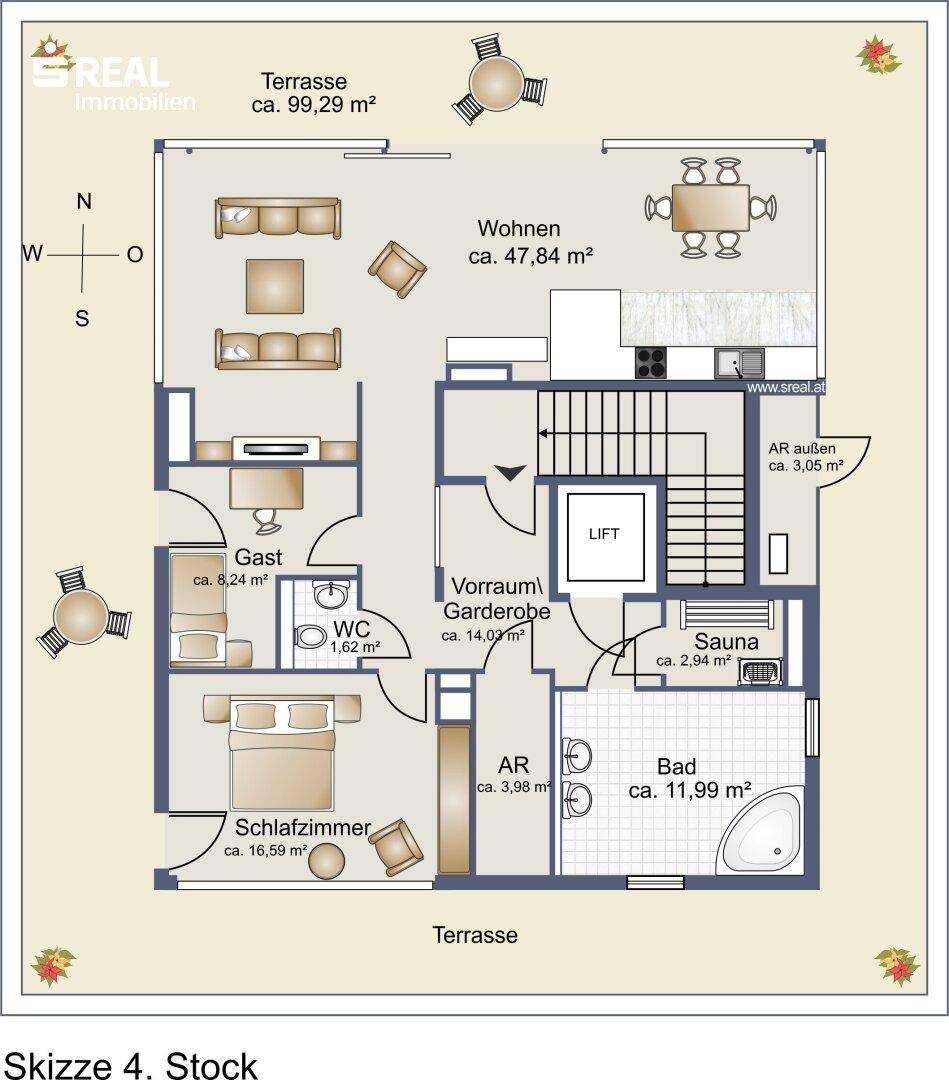 Grundriss des 4. Stocks mit großer Terrasse, offenem Wohnbereich, Schlafzimmer, Bad und Sauna.