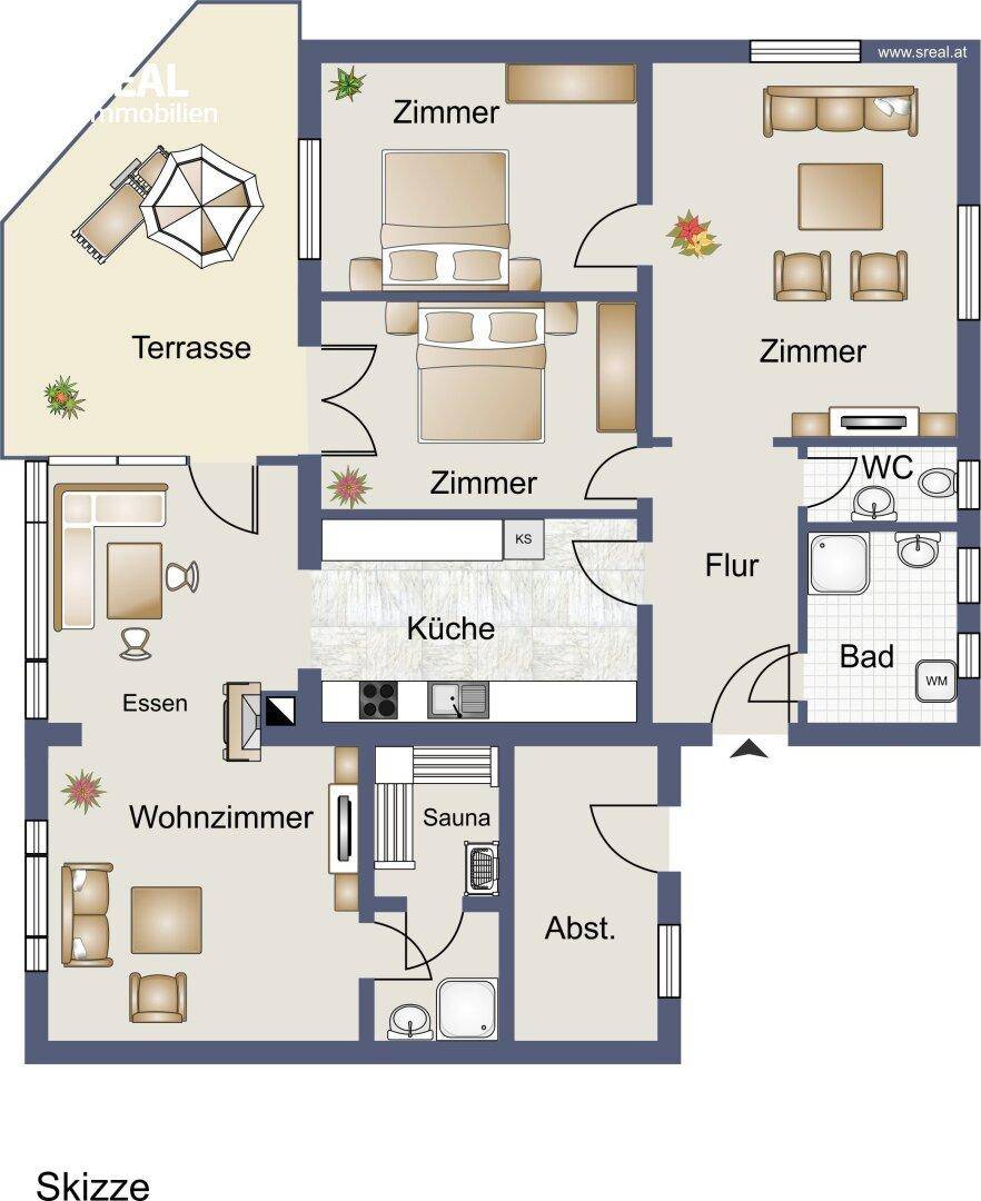 Übersichtlicher Grundriss mit mehreren Zimmern, Terrasse, Küche und integrierter Sauna.