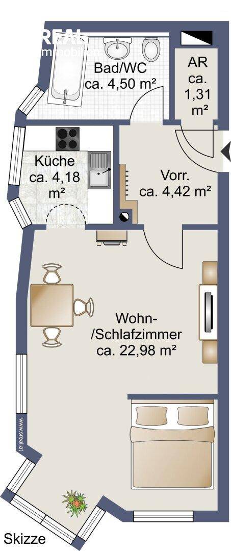 Grundriss einer Wohnung mit kombiniertem Wohn-/Schlafzimmer, separater Küche und Bad mit Balkon.