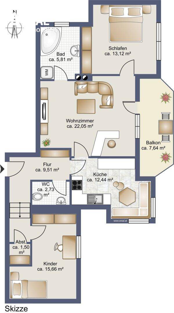 Grundriss einer Wohnung mit Wohnzimmer, Schlafzimmer, Kinderzimmer, Küche, Bad, separatem WC und Balkon.