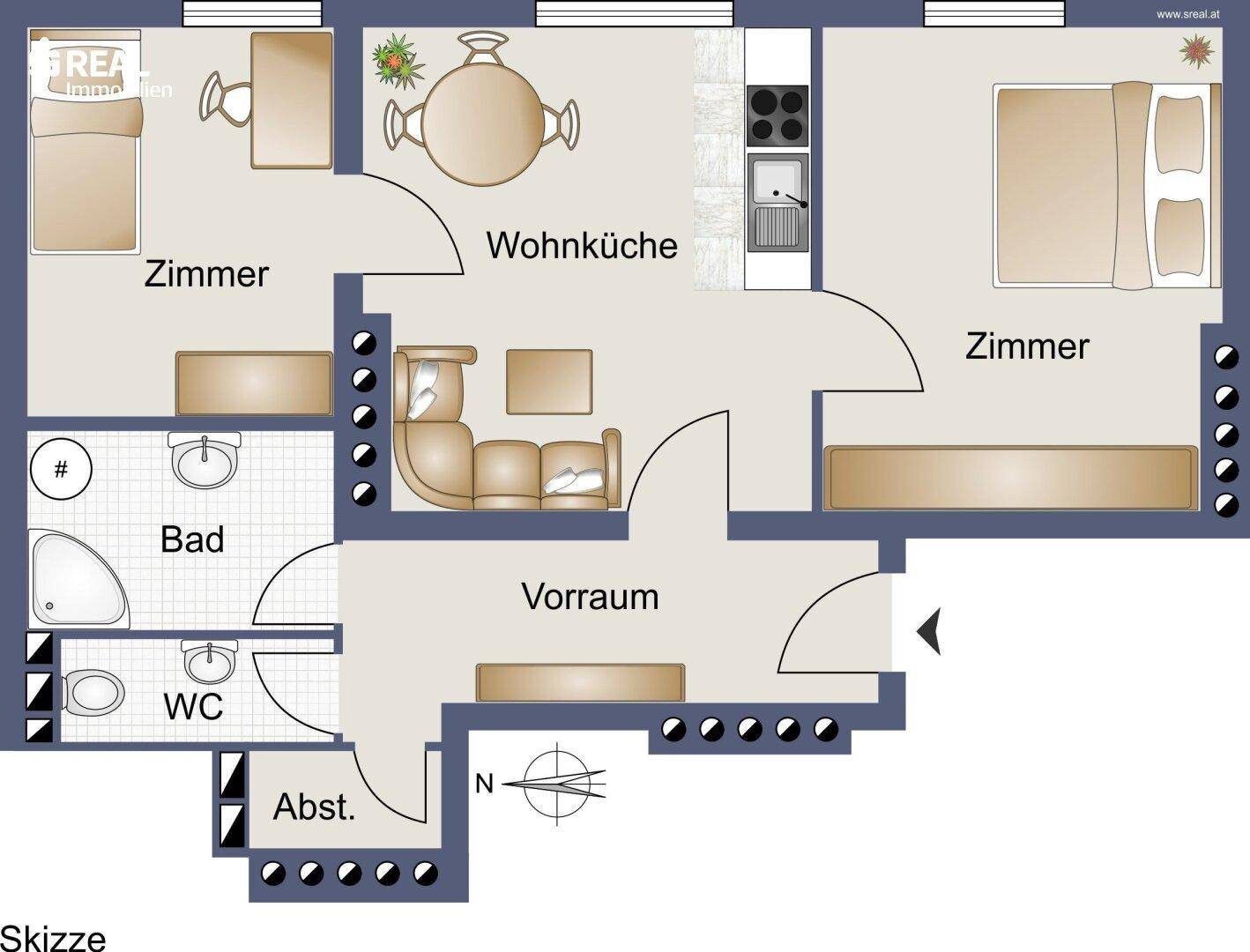 Übersichtlicher Grundriss einer Wohnung mit Wohnküche, zwei Zimmern, Bad und separatem WC.