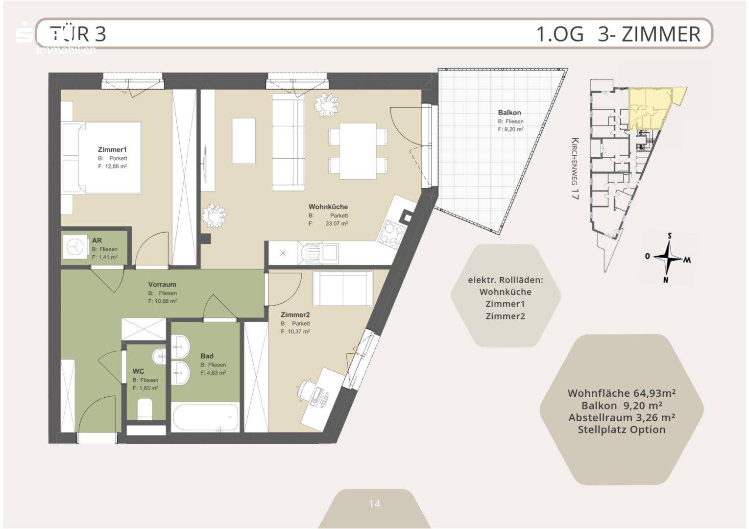 Detaillierter Grundriss einer 3-Zimmer-Wohnung im 1. Obergeschoss mit Balkon und offenem Wohnbereich.