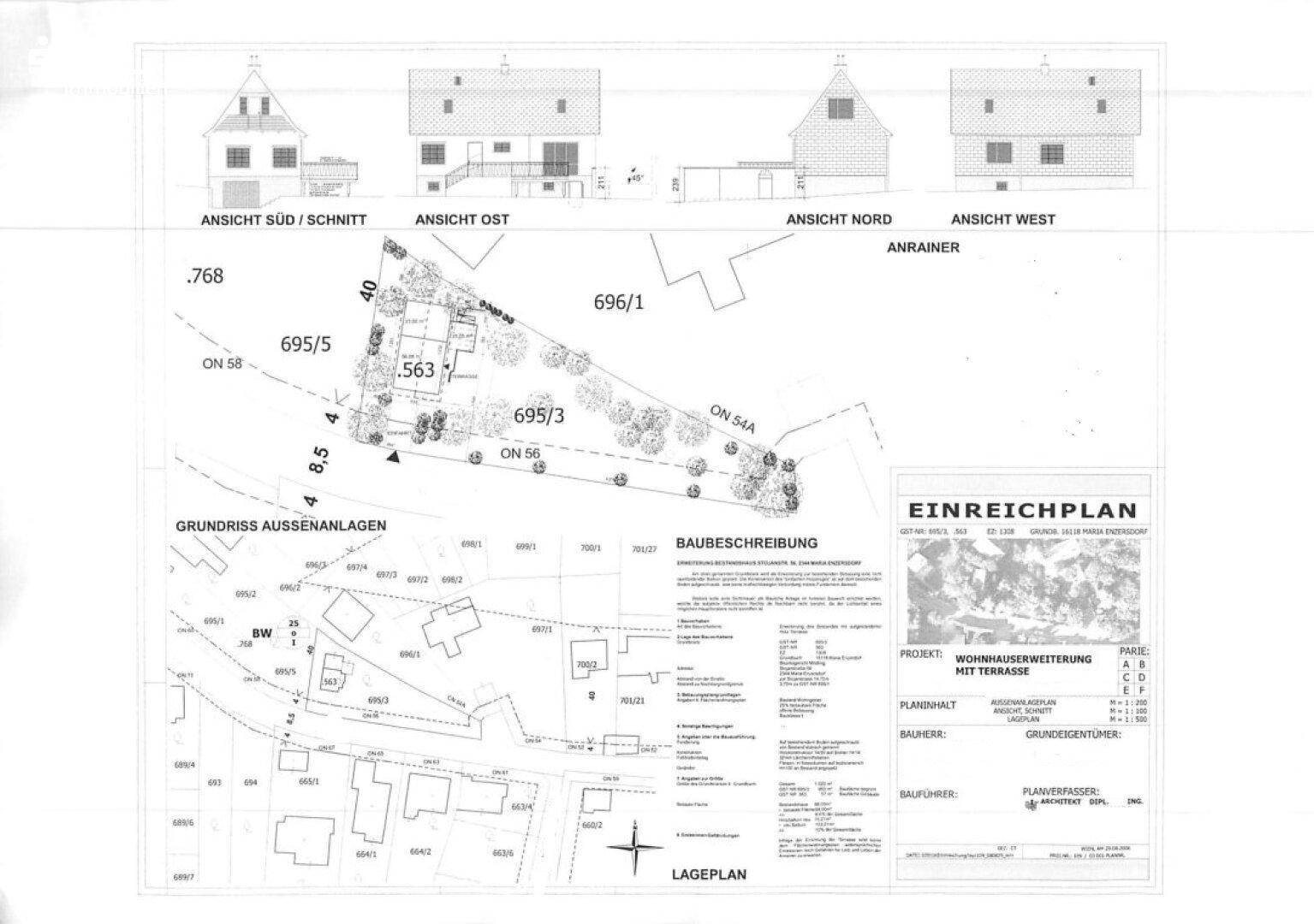 Einreichplan mit verschiedenen Ansichten des Hauses und Lageplan des Grundstücks.