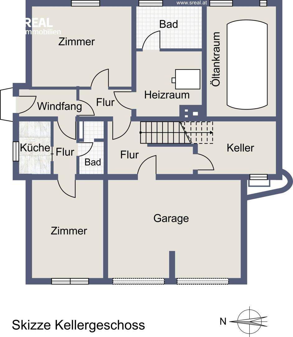 Grundriss des Kellergeschosses mit Zimmern, Bad, Heizraum, Öltankraum, Keller und Garage.