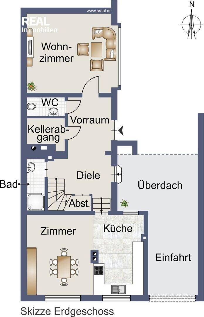 Grundriss des Erdgeschosses mit Wohnzimmer, Küche, Bad und Diele.