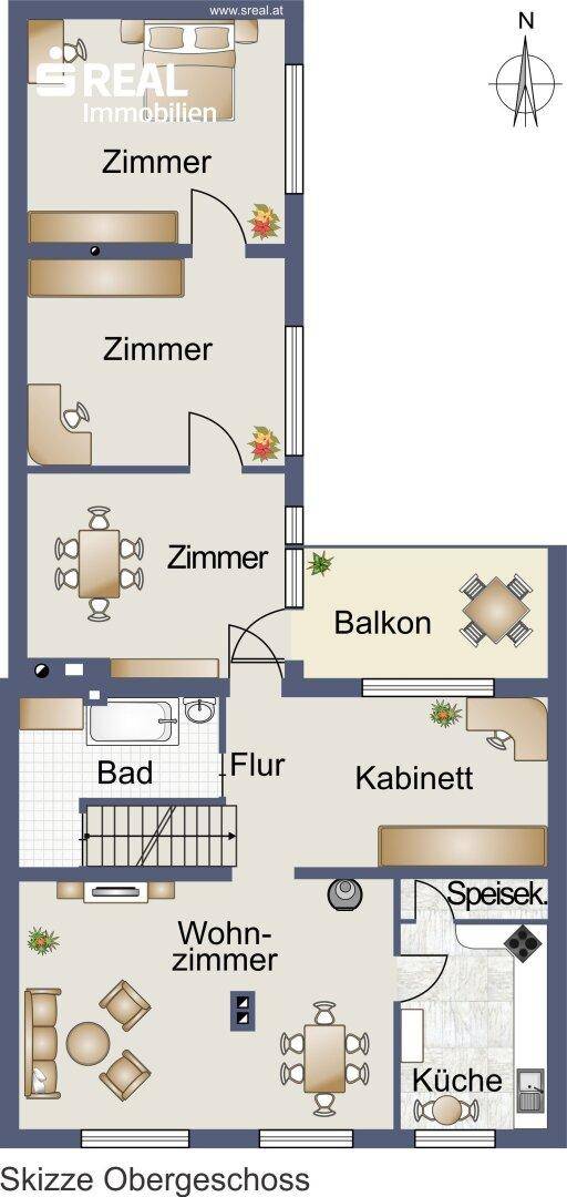 Grundriss des Obergeschosses mit mehreren Zimmern, Bad und Balkon.