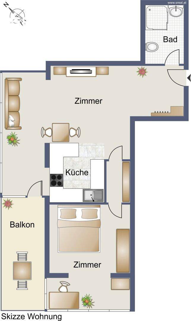 Grundriss einer Wohnung mit zwei Zimmern, einem Badezimmer, offener Küche und einem Balkon.