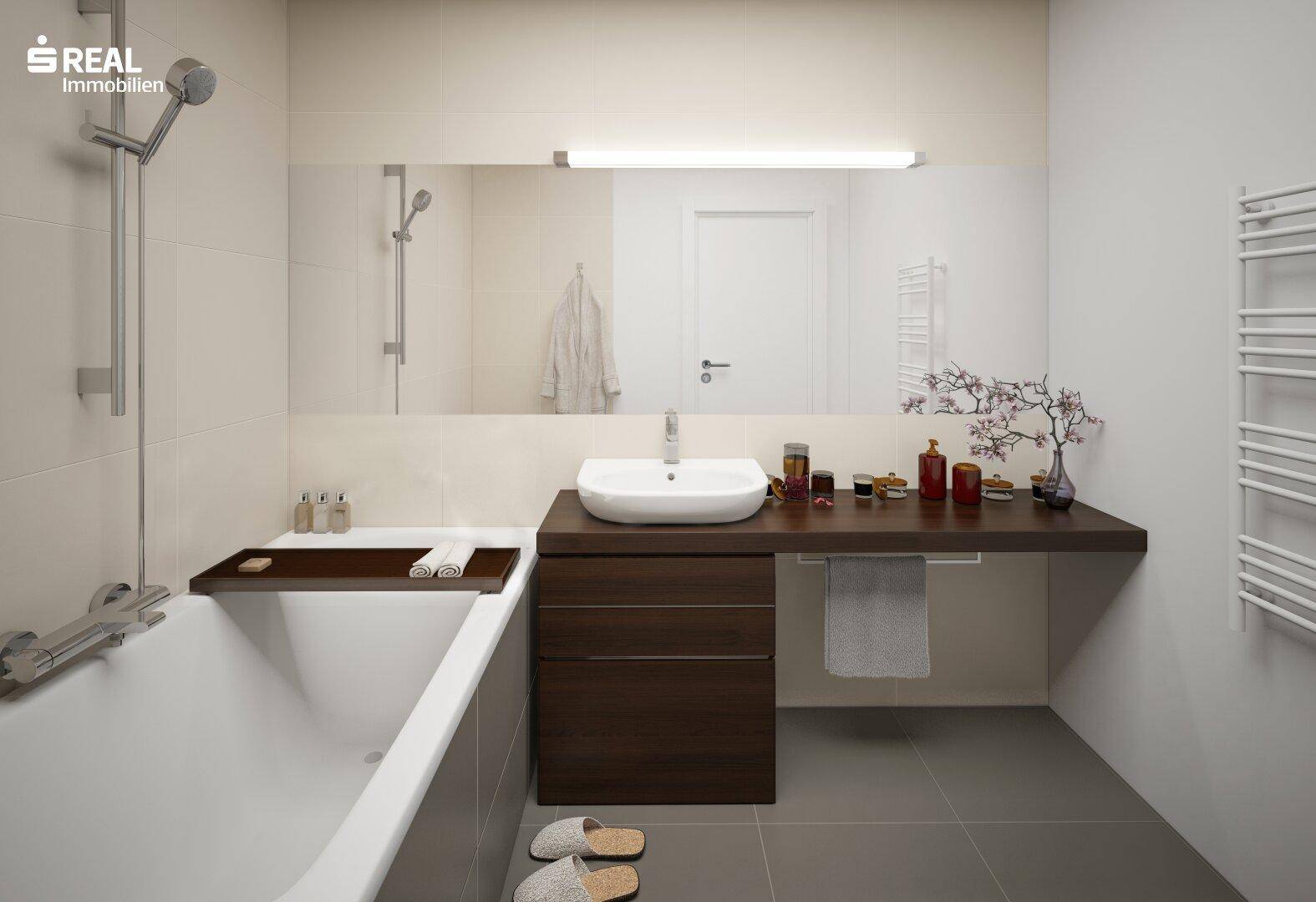 Modernes Badezimmer mit Badewanne, Einzelwaschbecken und dunklen Holzdetails sowie Handtuchheizkörper.