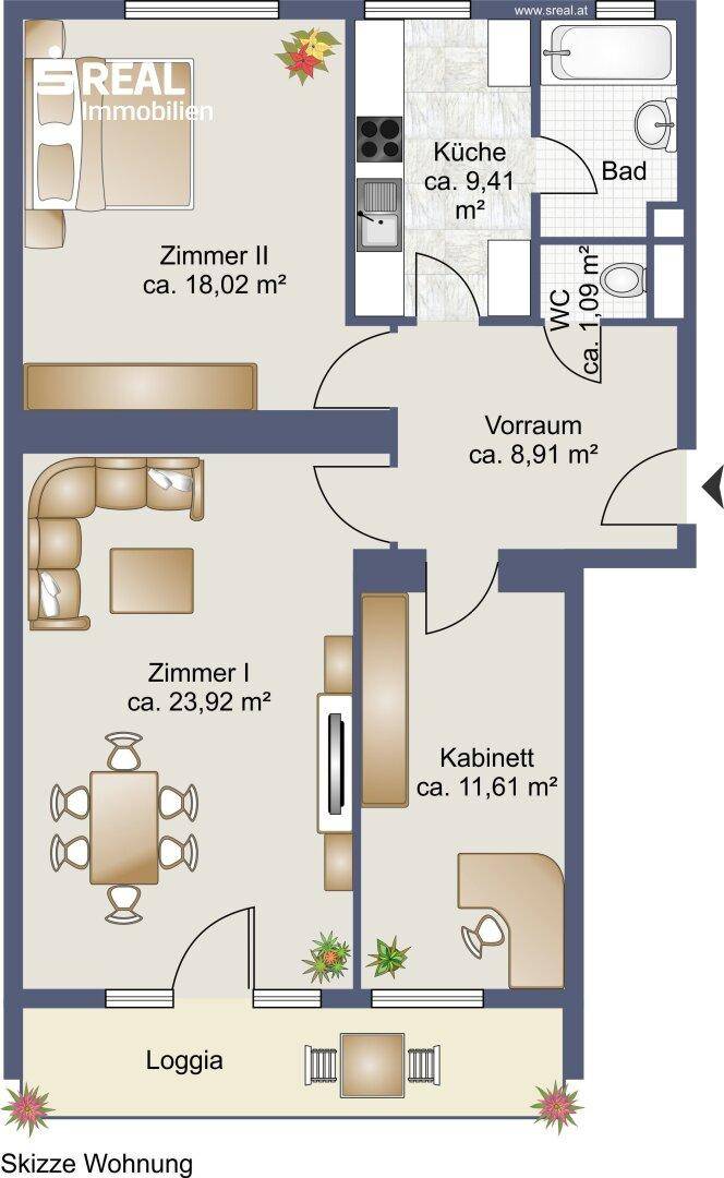 Grundriss einer Wohnung mit Küche, Bad, separatem WC, zwei Schlafzimmern, einem Büro und einer Loggia.