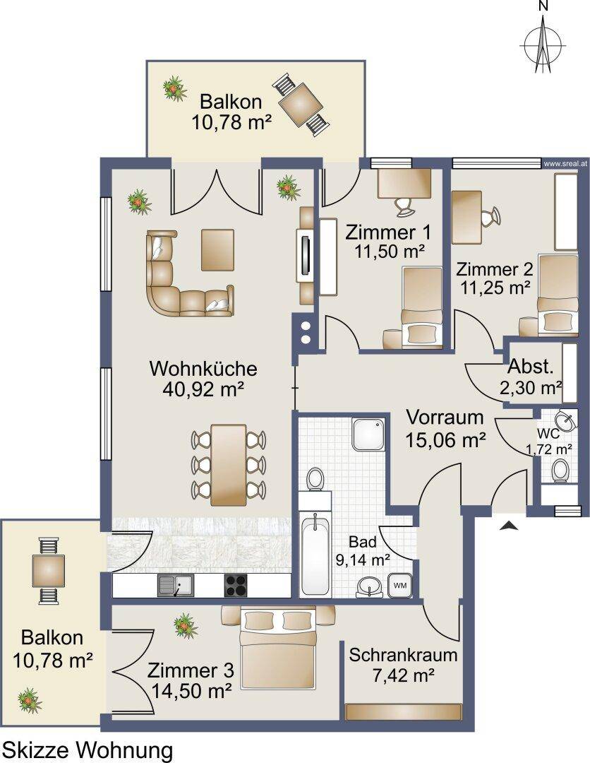 Übersichtlicher Grundriss einer Wohnung mit Wohnküche, drei Zimmern und zwei Balkonen.