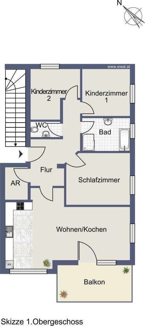 Grundriss des Obergeschosses mit offenem Wohn-/Kochbereich, Schlafzimmern, Bad und Balkon.