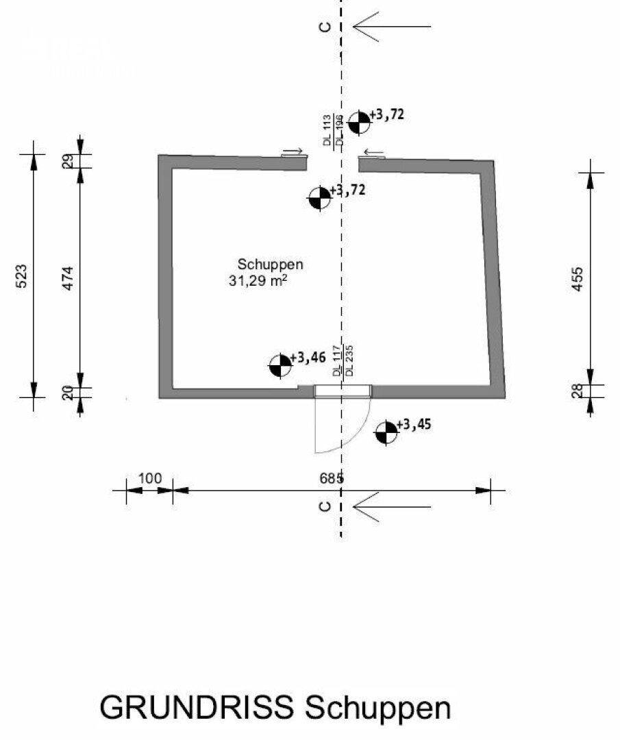 Grundriss des Schuppens mit den Abmessungen des Gebäudes.