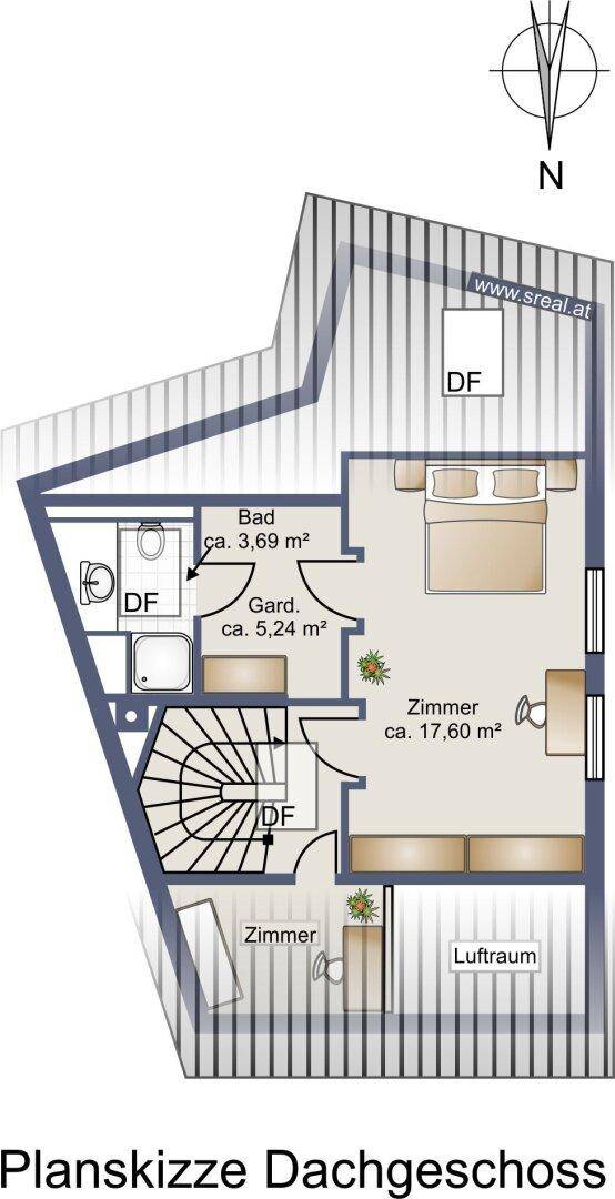 Grundriss des Dachgeschosses mit Zimmer, Bad und Stauraum unter der Dachschräge.