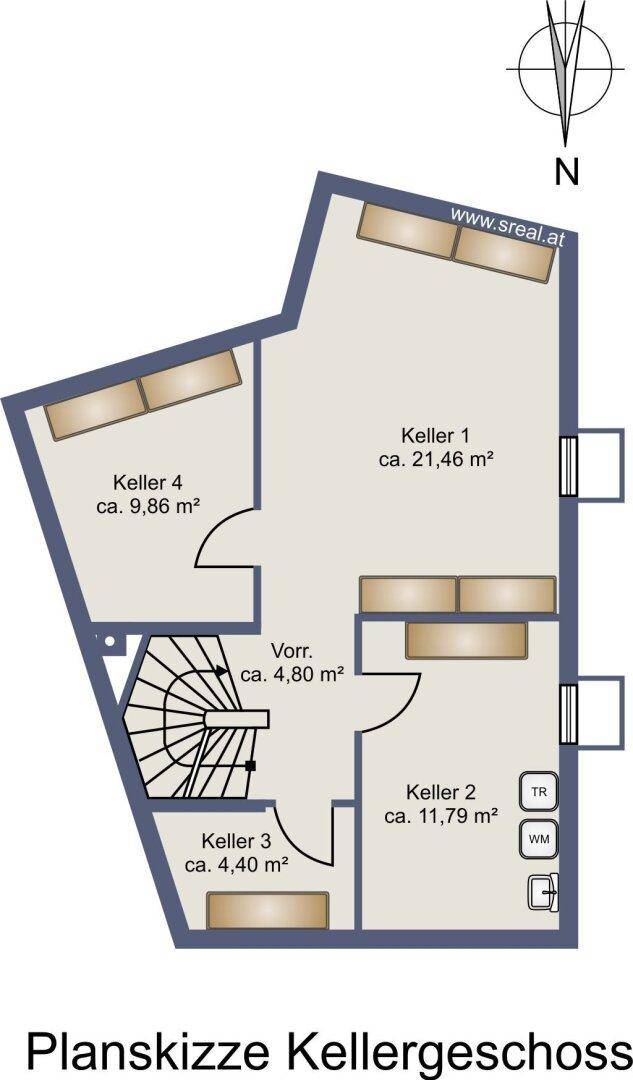 Grundriss des Kellergeschosses mit mehreren Kellerräumen und Vorraum.