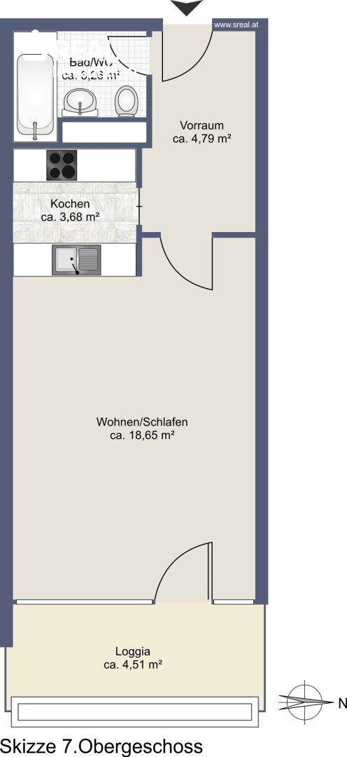 Grundriss einer Wohnung mit offenem Wohn-/Schlafbereich, separater Küche und einer Loggia.