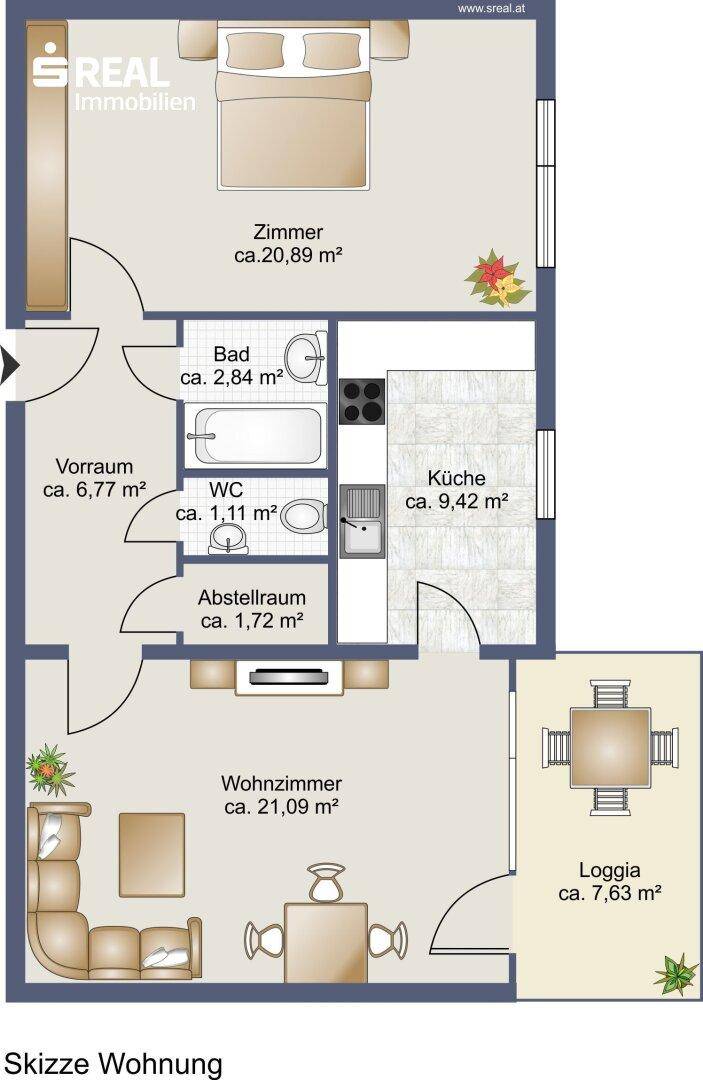 Detaillierter Grundriss der Wohnung mit separaten Räumen und einer Loggia.